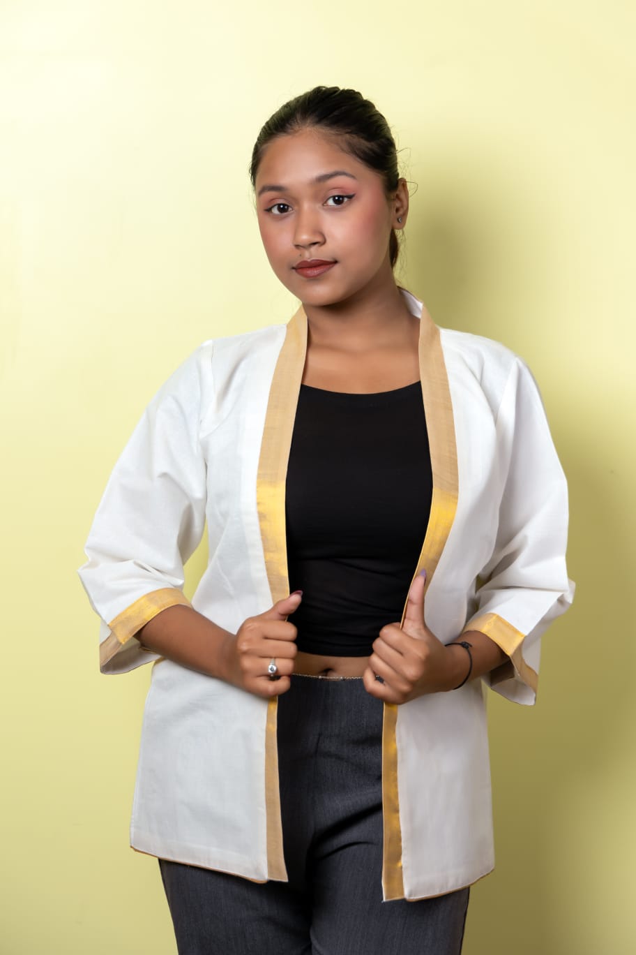 White Shrug with Assamese traditional motifs.